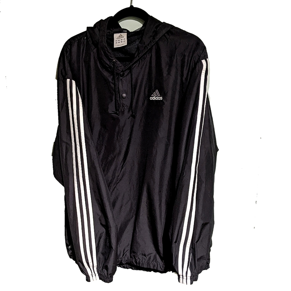 Vintage Adidas hooded black windbreaker, mesh lining, snap buttons. Mens Large.